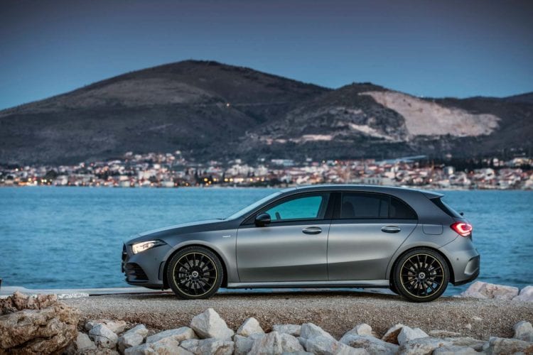 New Mercedes-Benz A-Class in Matt Grey, Overlooking Ocean and town